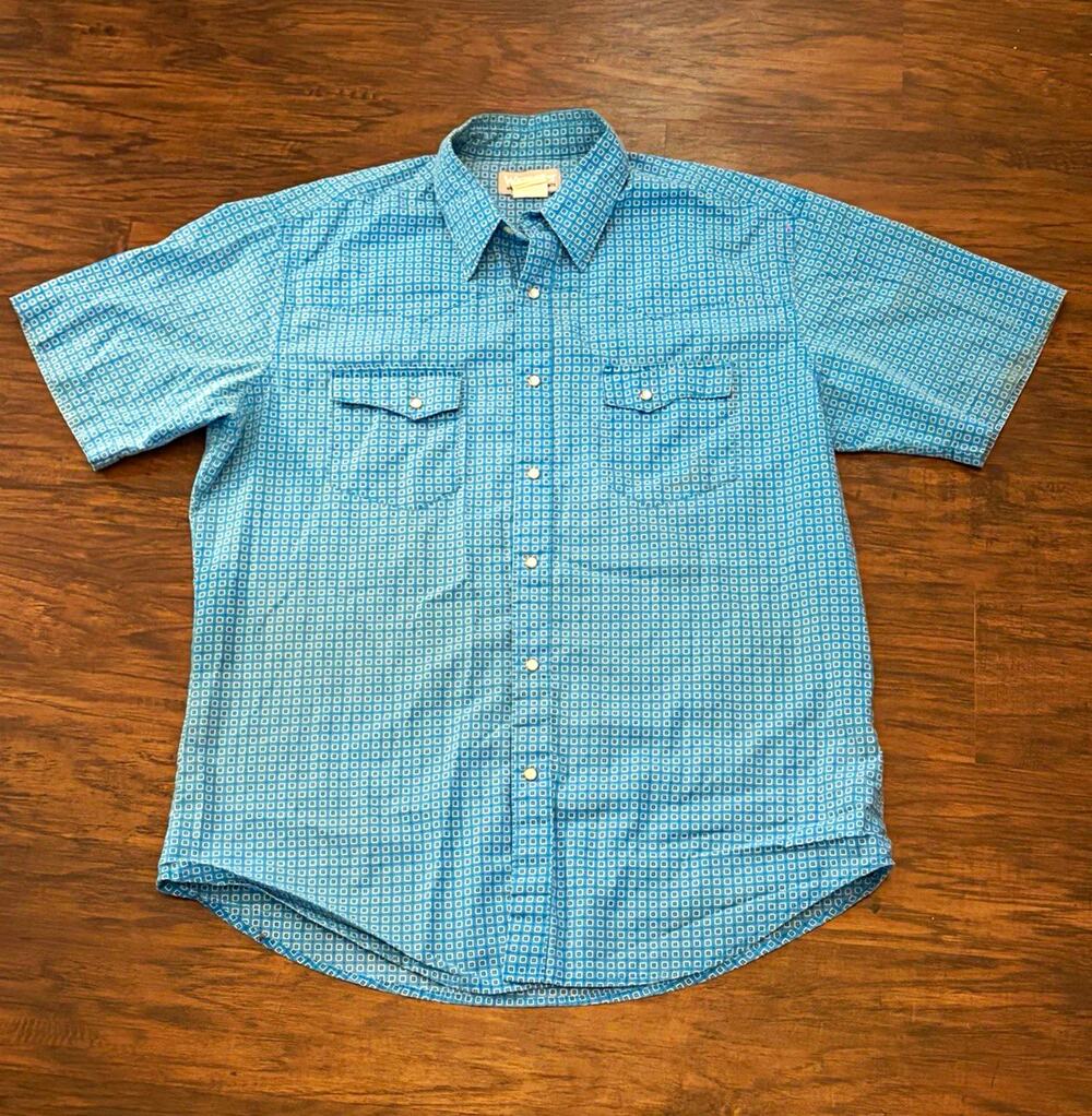 Wrangler Wrancher Men's L Blue/White Short Sleeve Snap Button Up